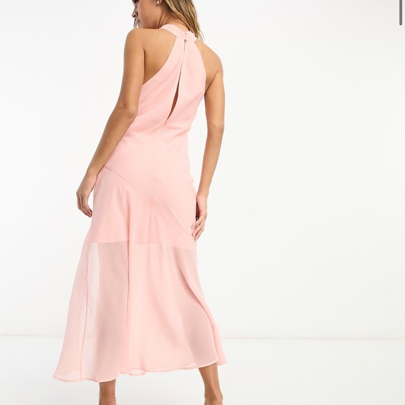 ASOS DESIGN embroidered split front halter midi dress in light coral size 8 - Picture 3 of 12